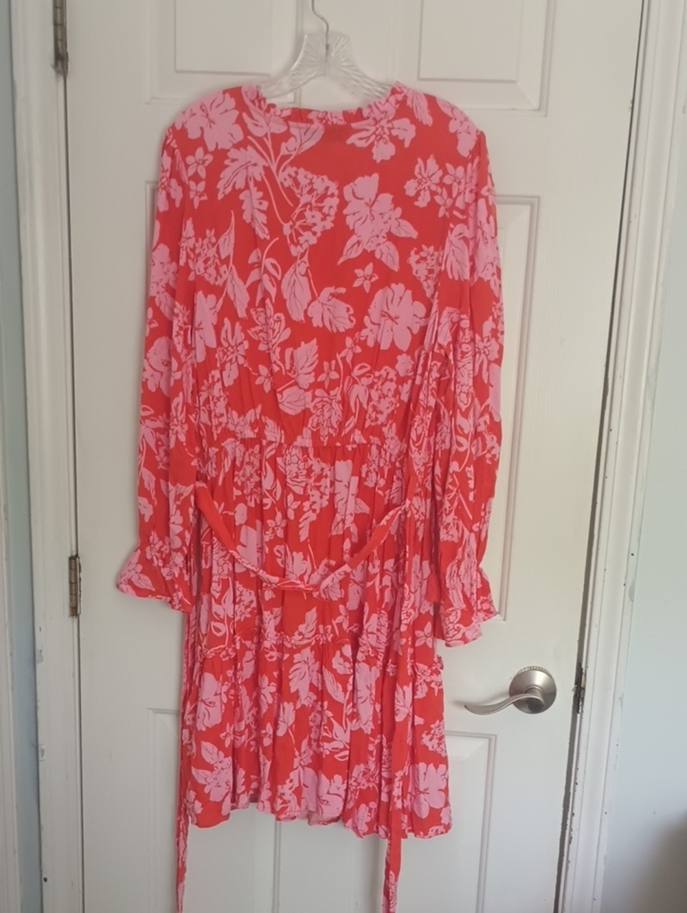 Absolutely Famous Coral and Light Pink Floral V-Neck Long Sleeve Tiered Dress - Picture 10 of 11